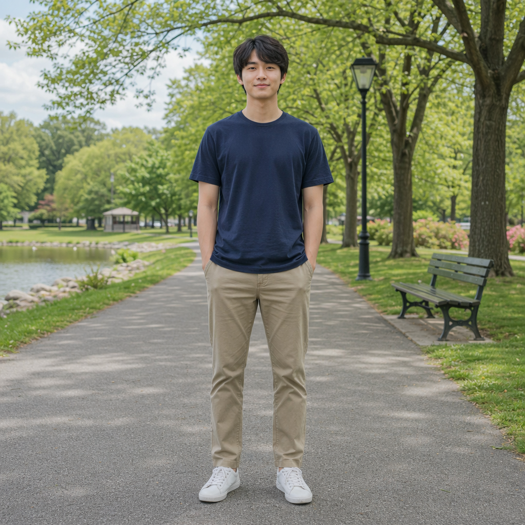 A person standing in a neutral pose in a park, full body vis