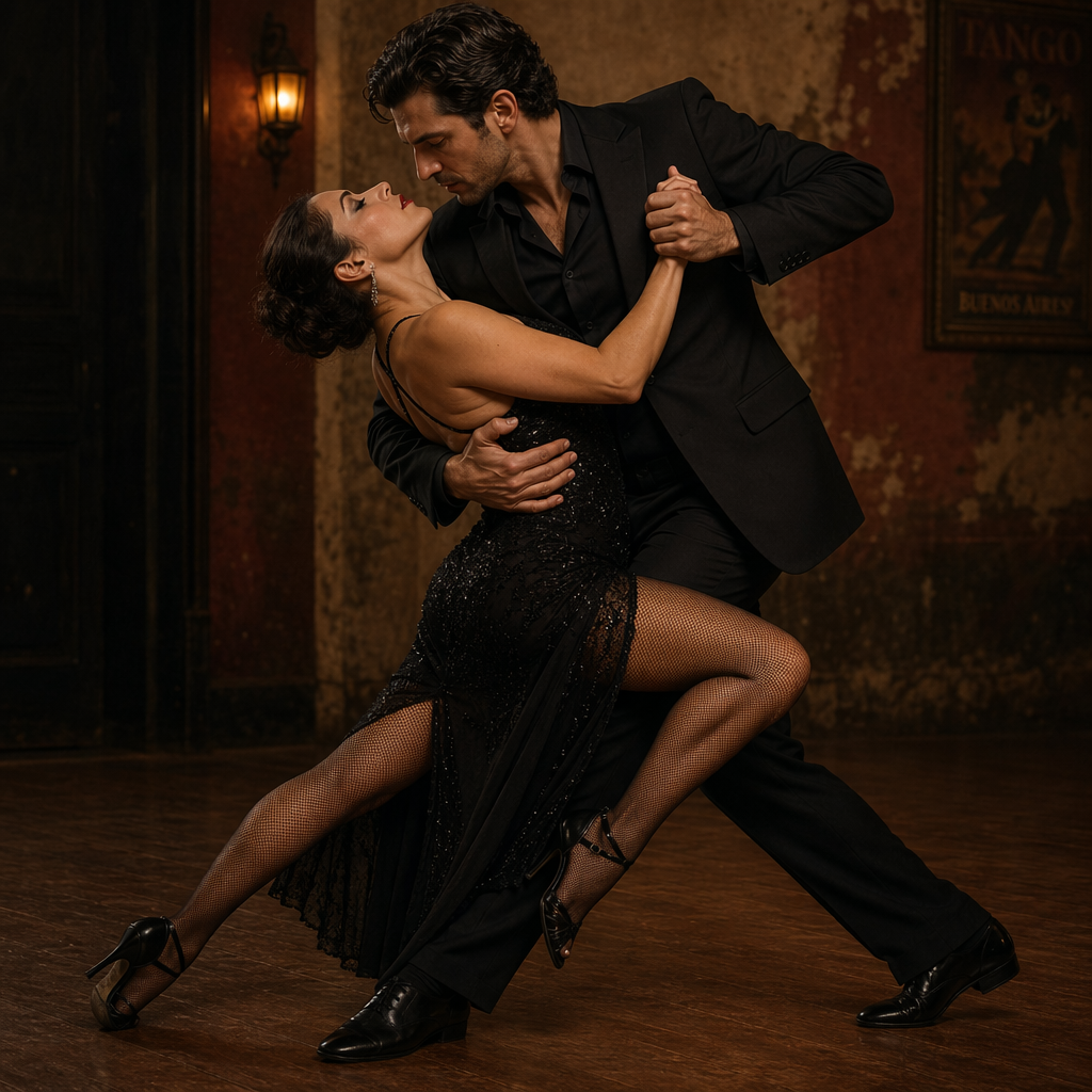 Two tango dancers in a close embrace, the man dipping the wo