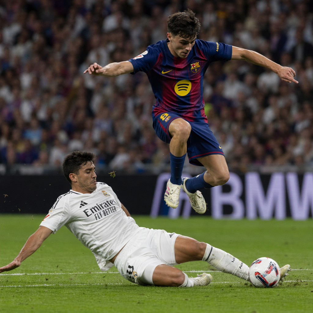 Two soccer players mid-tackle, one sliding and the other jum