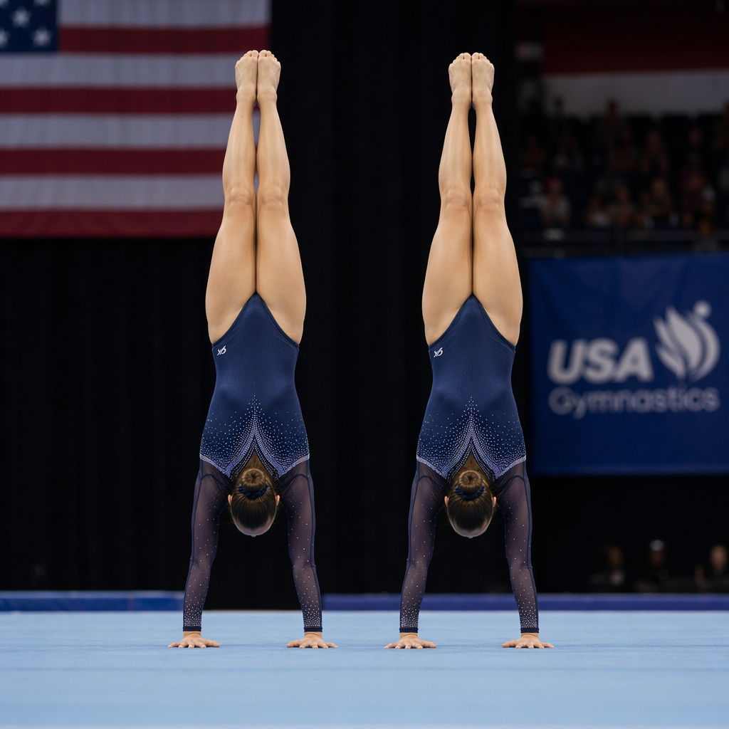 Two gymnasts performing a synchronized handstand, side by si