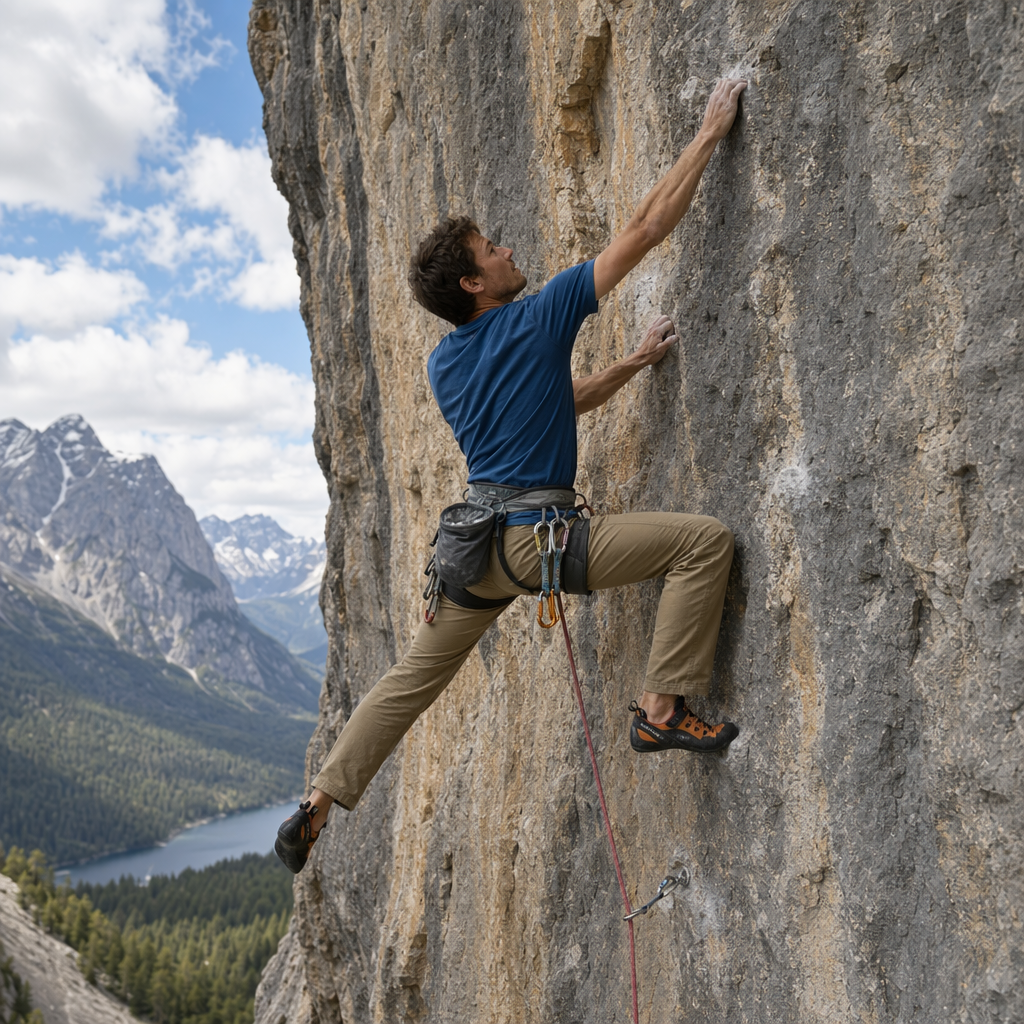 A rock climber clinging to a cliff face with arms and legs e