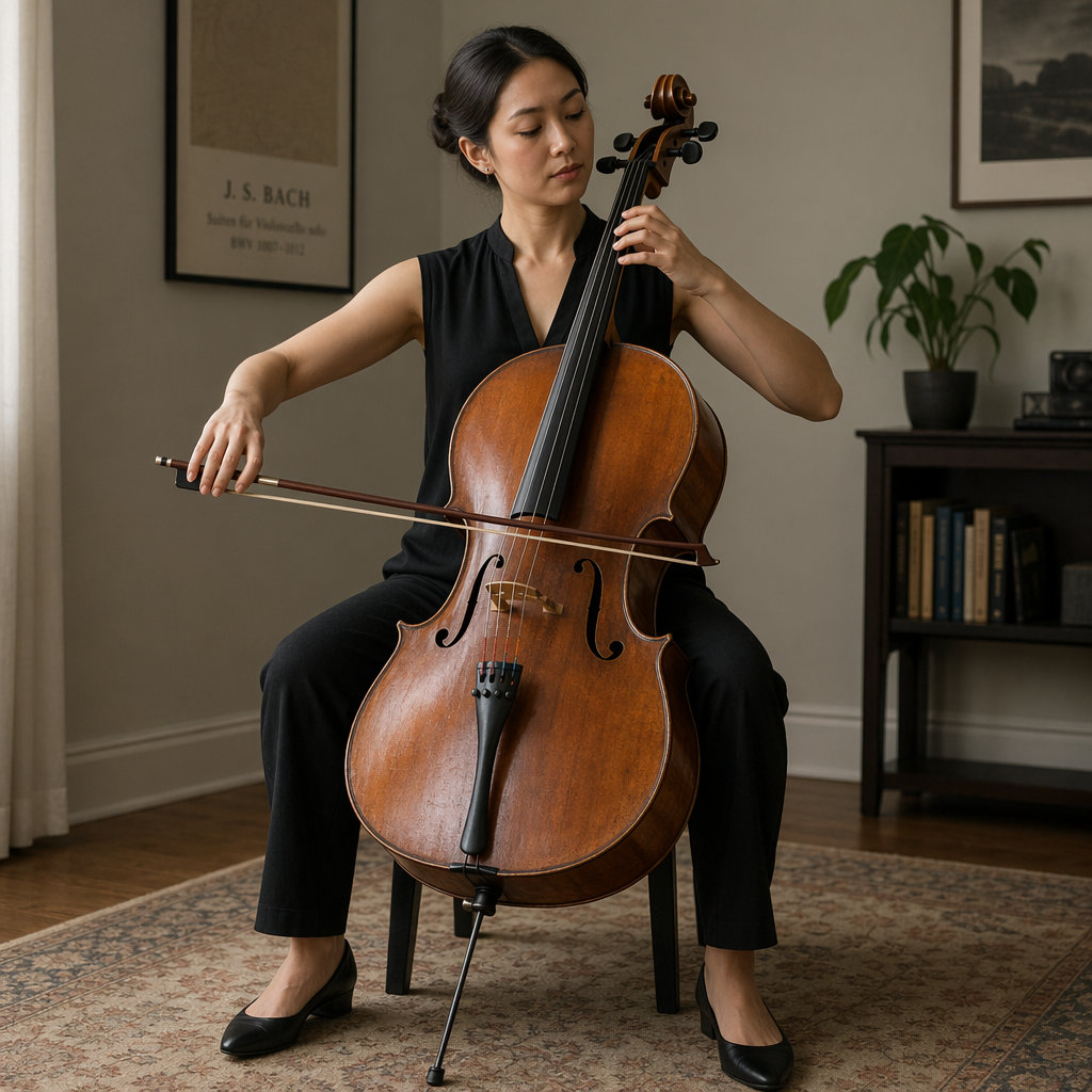A cellist seated with correct posture, legs around the instr