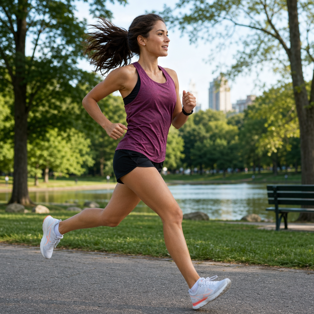 A woman mid-stride running through a park, hair and clothes 
