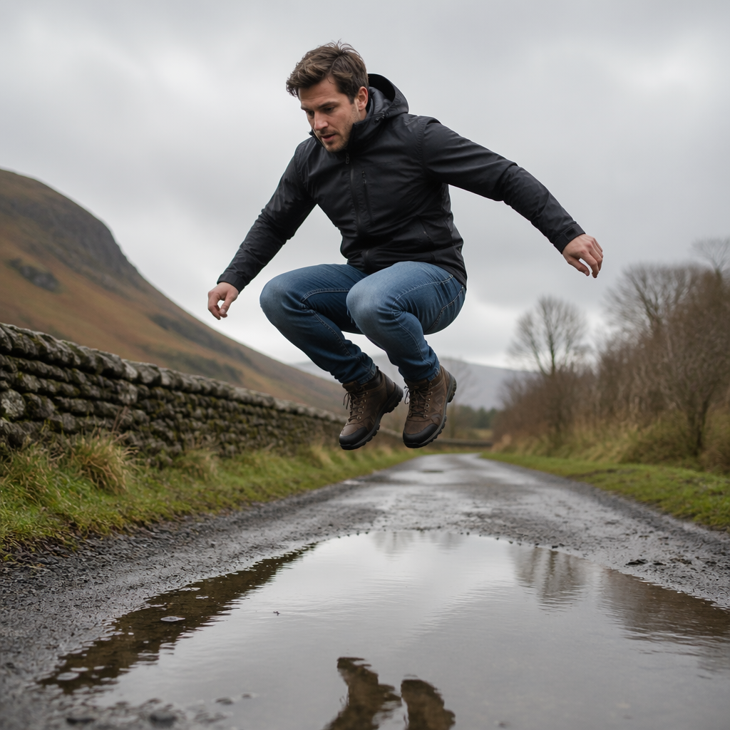 A man captured mid-jump over a puddle, body in the air with 