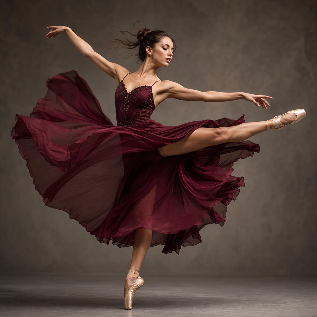 A dancer in a dynamic spin, dress flowing outward with one l