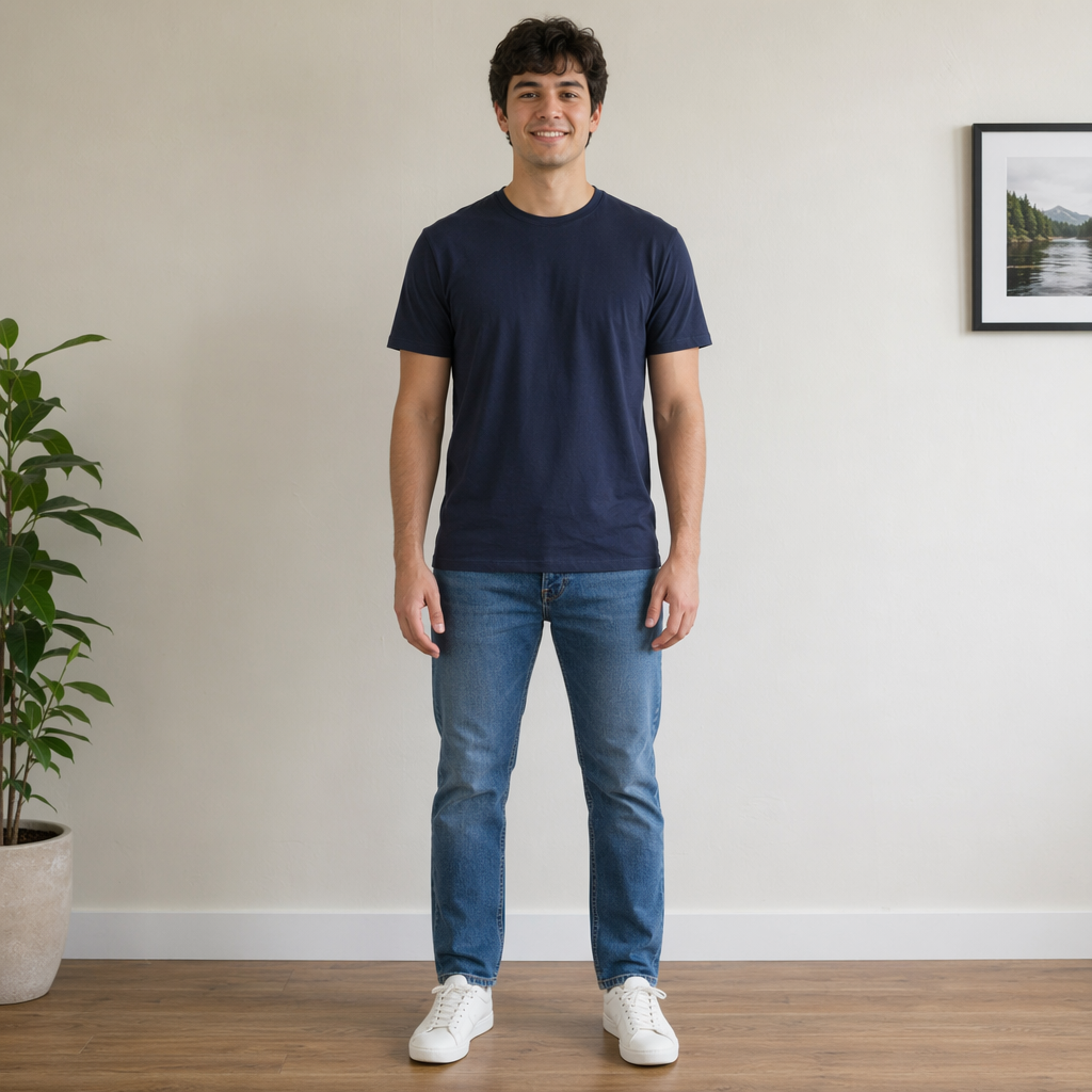 A person standing with both hands visible at their sides, fi