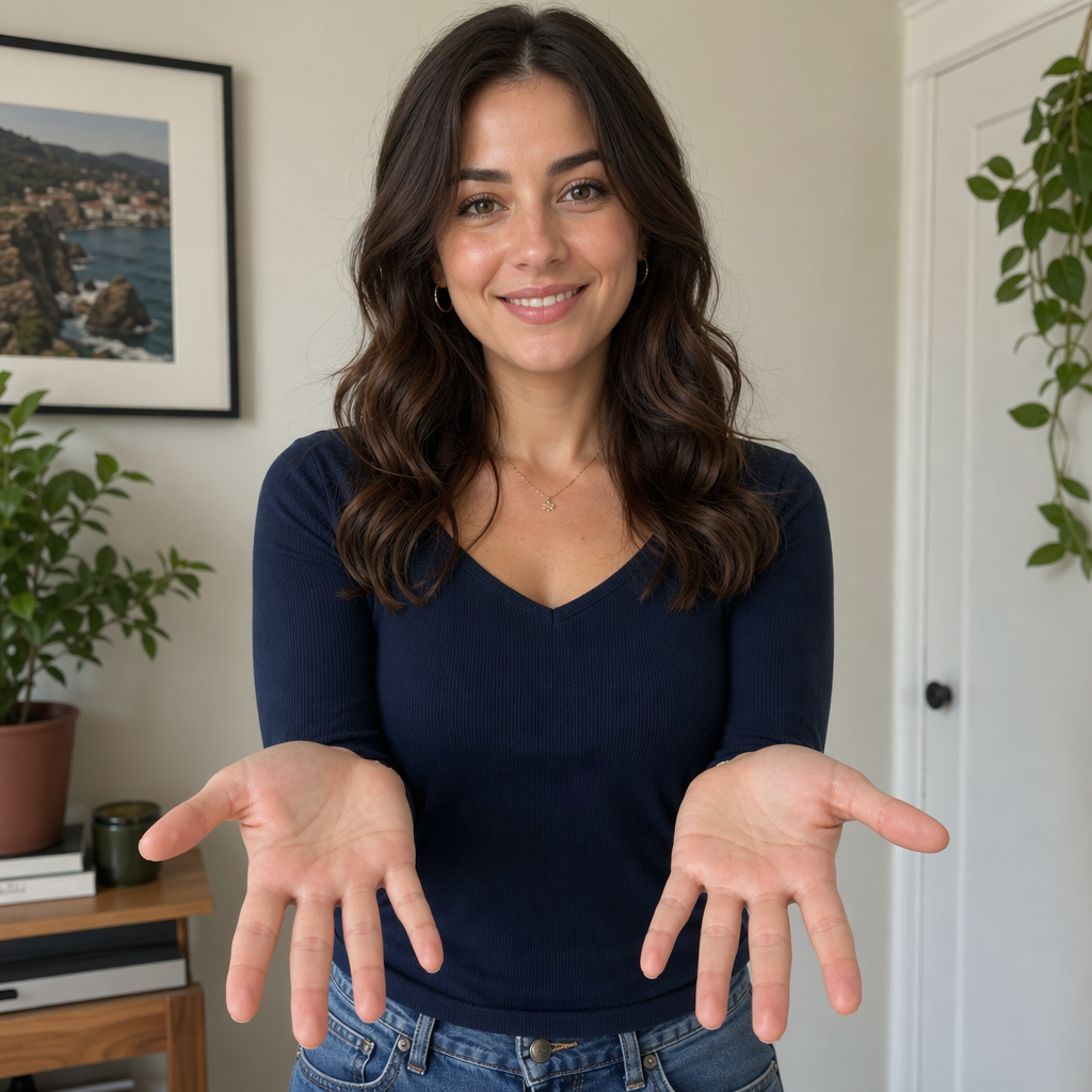 A woman holding her hands out in front of her palms-up, all 