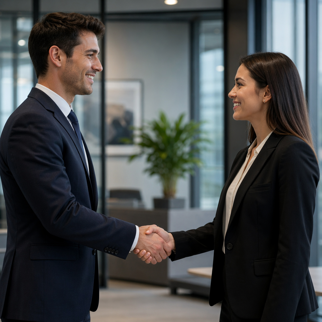 Two people shaking hands in a professional setting, all fing