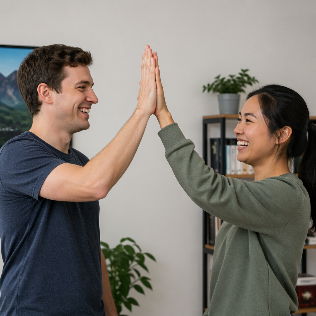 Two people doing a high-five, palms meeting with all fingers