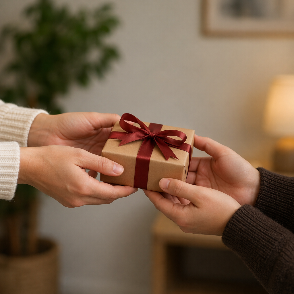 One person handing a small gift box to another person, both 