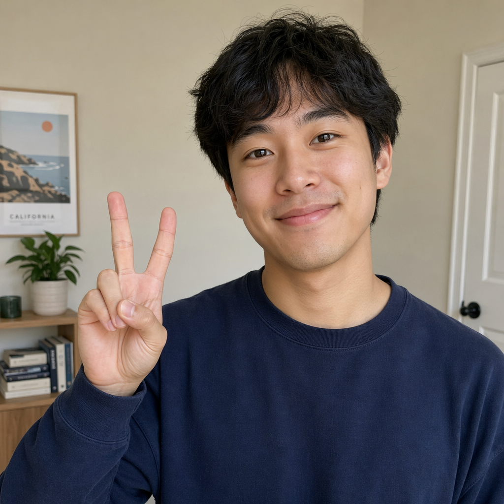 A person making a peace sign with their right hand, clearly 
