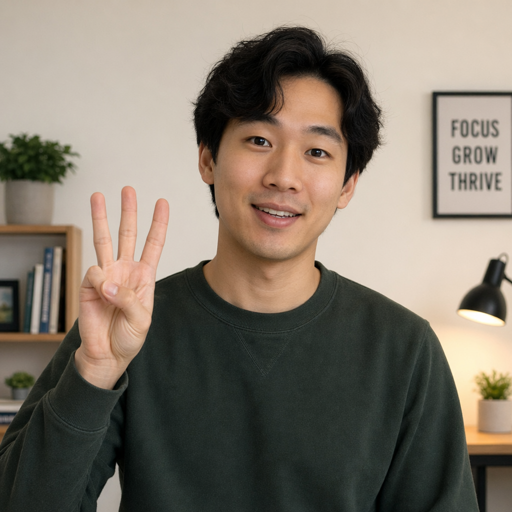 A person counting to three on their fingers, with index, mid