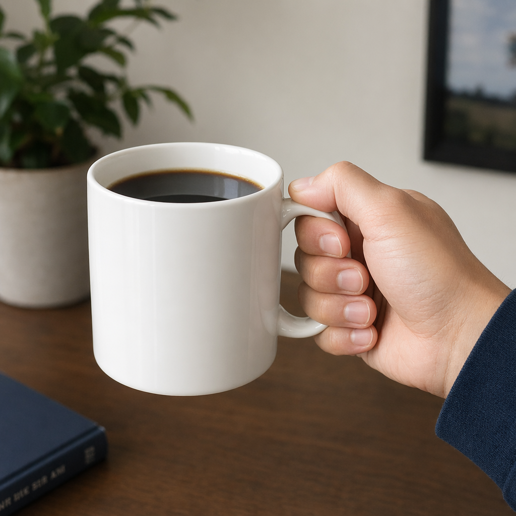 A person holding a white ceramic coffee mug by the handle wi
