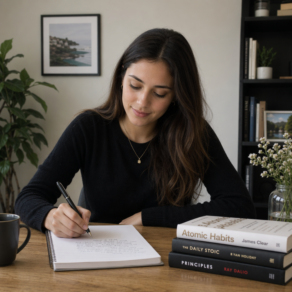 A woman writing in a notebook with a pen gripped correctly i