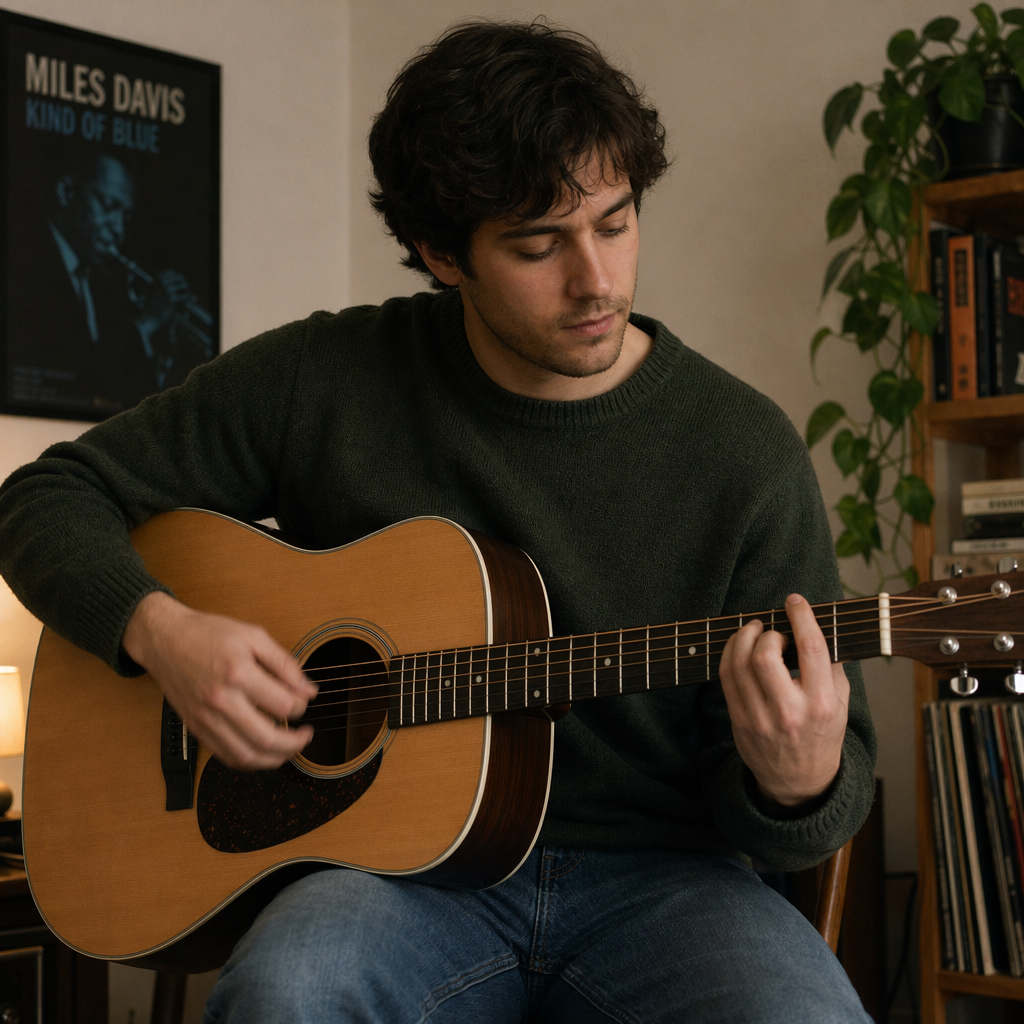 A person playing an acoustic guitar with left hand on the fr