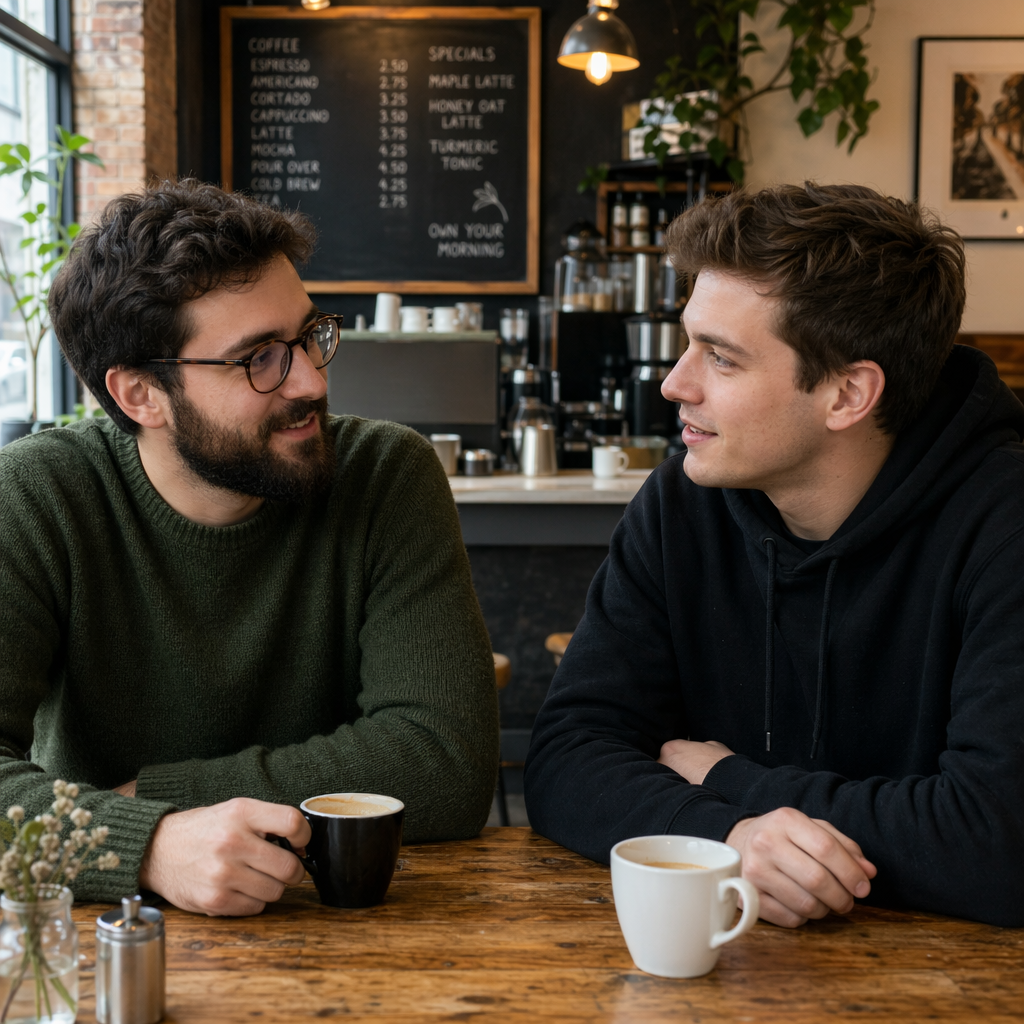 Two men at a cafe: one with a beard and glasses wearing a gr