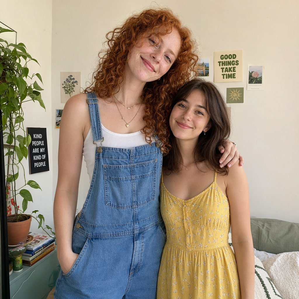 Two friends posing: one tall with curly red hair in denim ov
