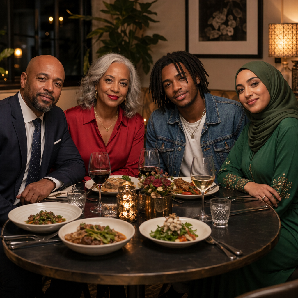 Four people at a dinner table: a bald man in a suit, a woman