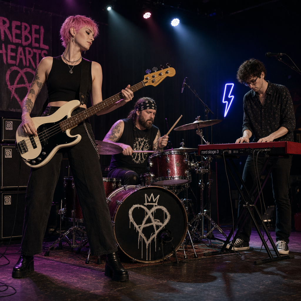 Three musicians on stage: a tall woman with short pink hair 