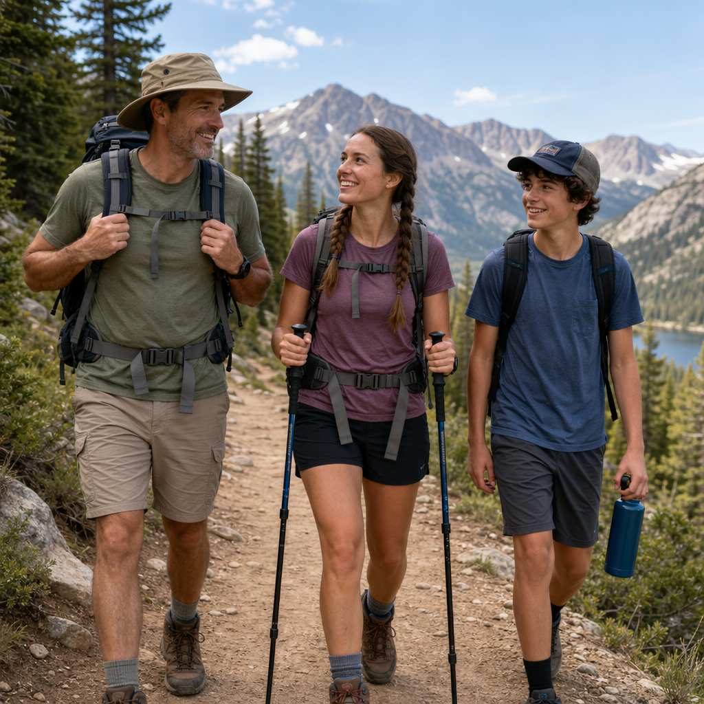 Three hikers on a trail: a man with a backpack and sunhat, a