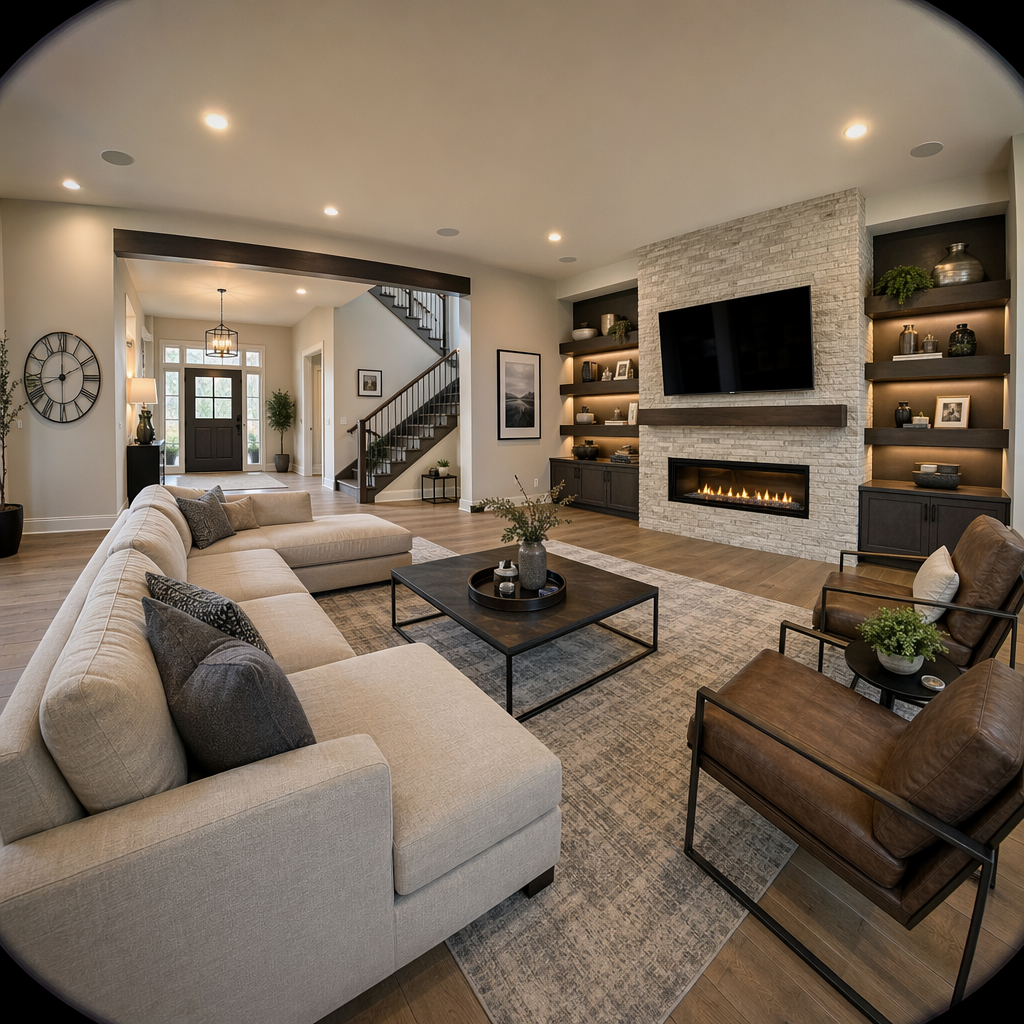 A wide-angle shot of a modern living room interior showing e
