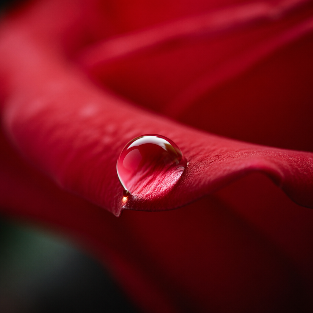A close-up macro shot of a single dewdrop on a rose petal, s
