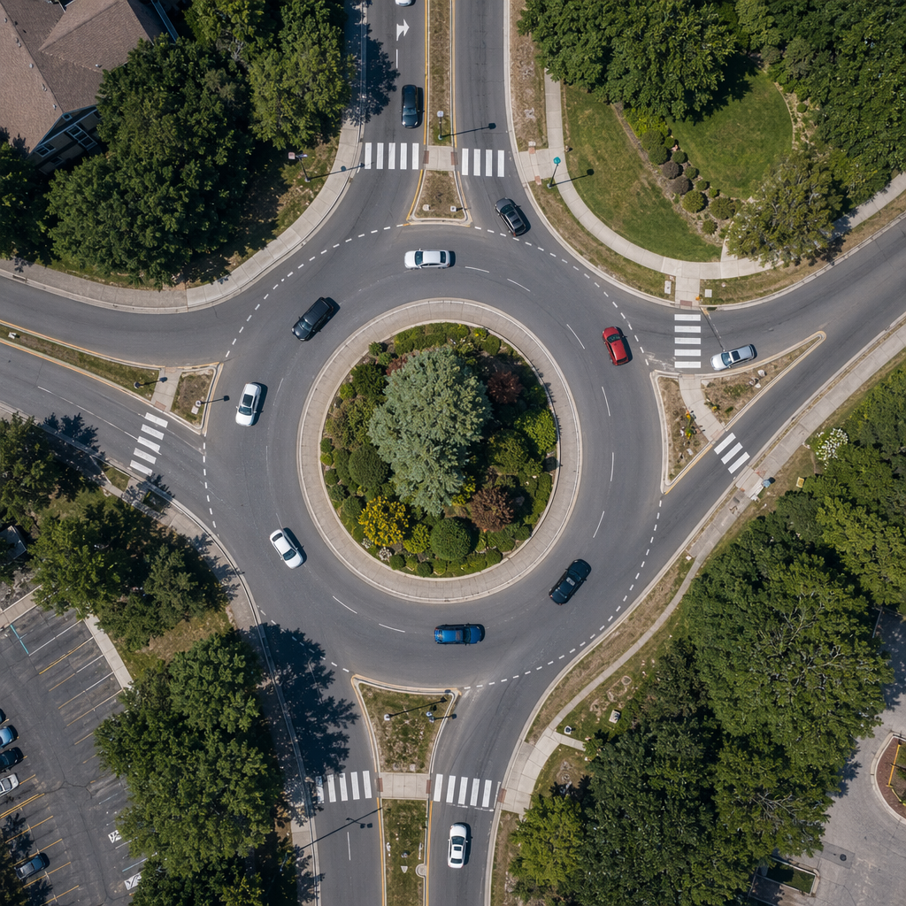 An aerial bird's-eye view looking straight down at a traffic