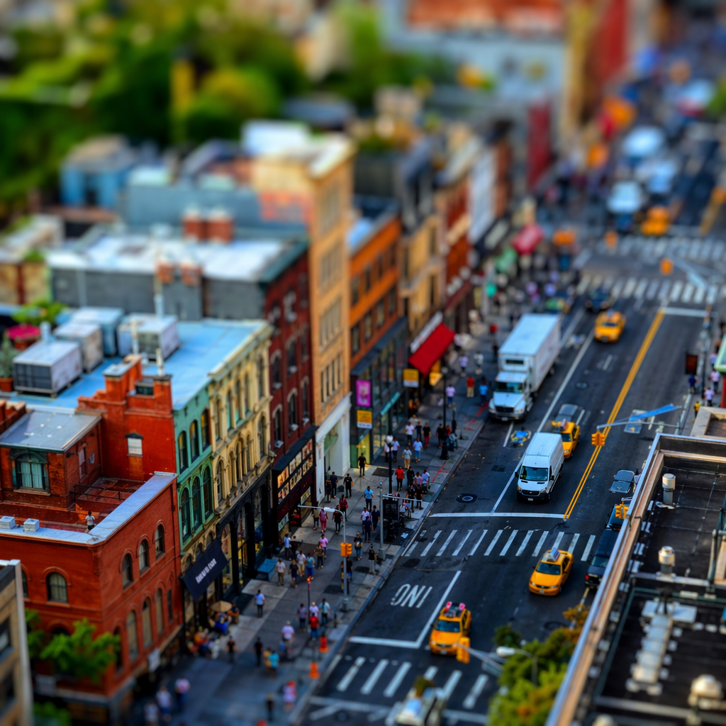 A tilt-shift photograph of a city street making real-life lo