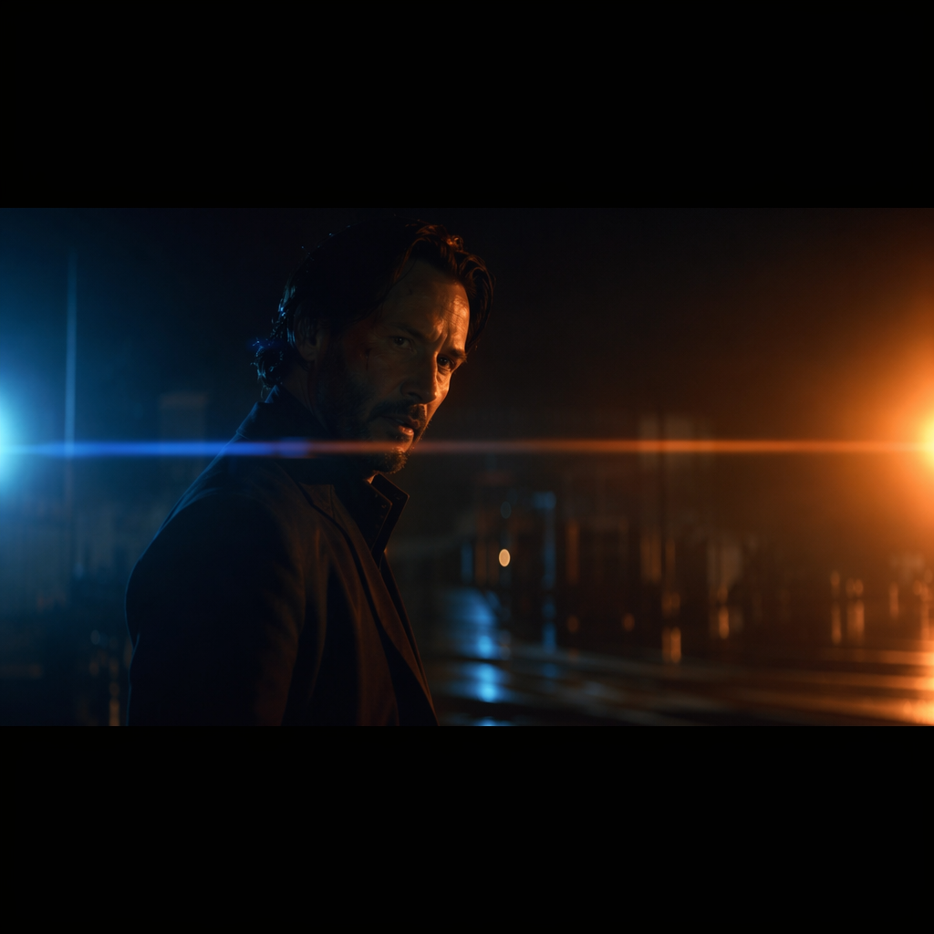 A cinematic frame with blue and orange anamorphic lens flare