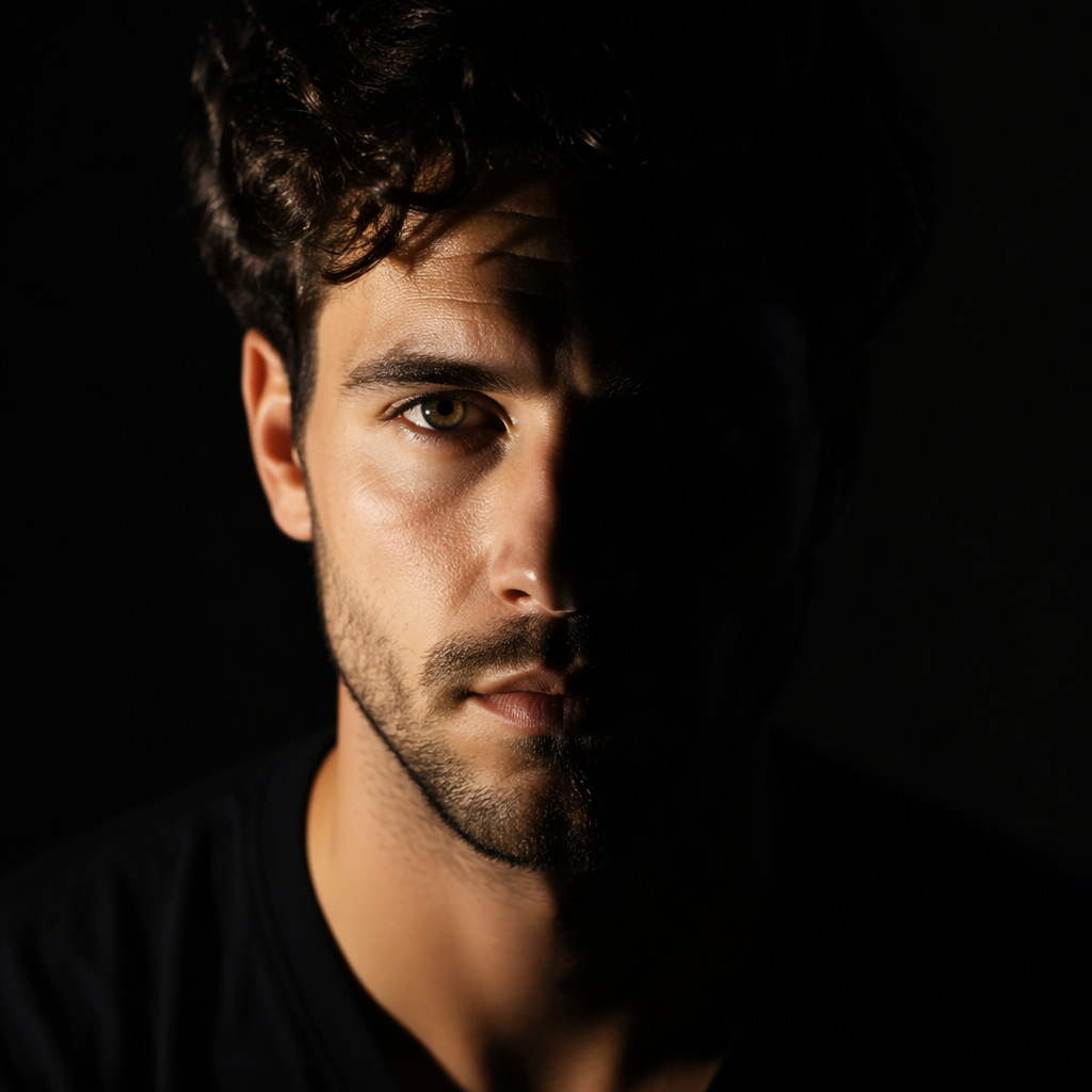 A portrait with dramatic split lighting — half the face brig