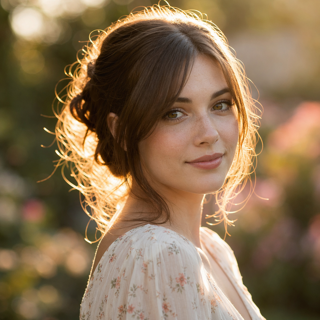 A portrait shot at 85mm f/1.4 with creamy bokeh background, 