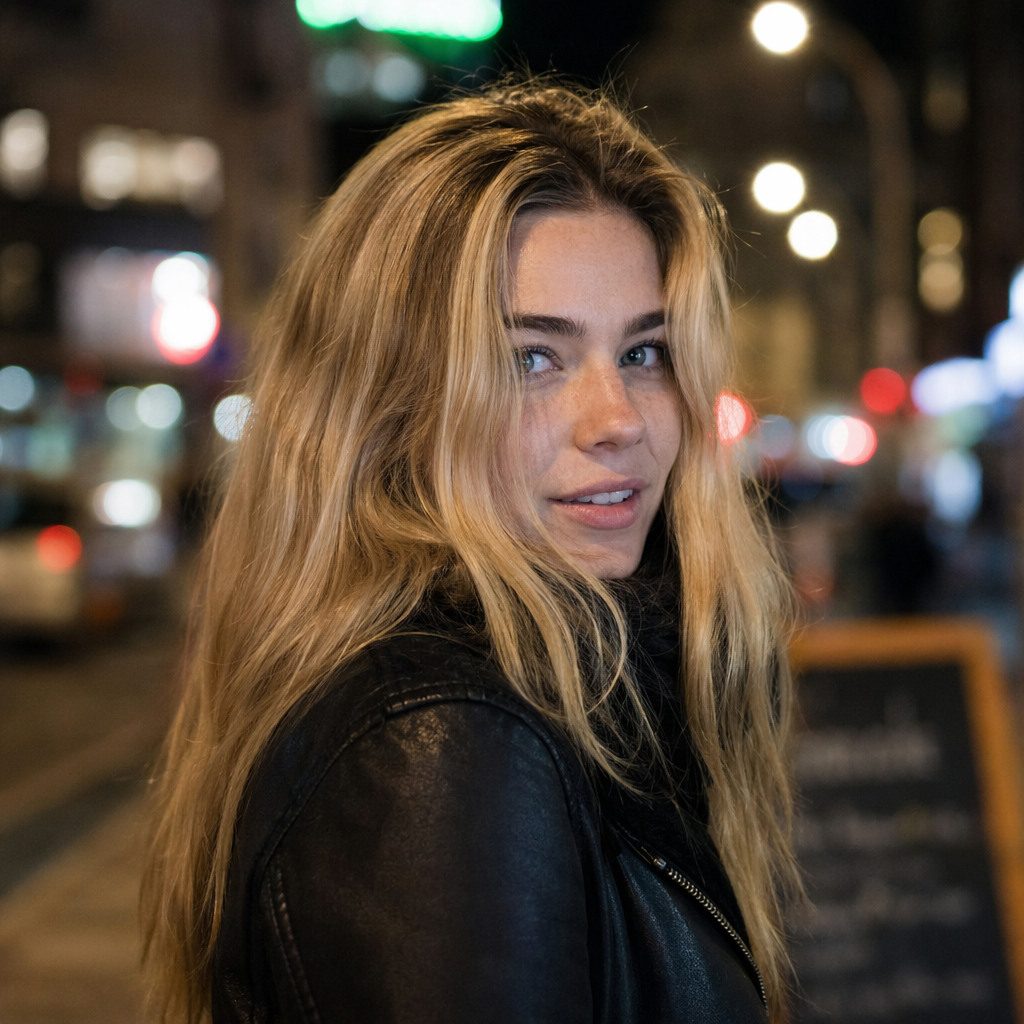 A street photograph with shallow depth of field as if shot a