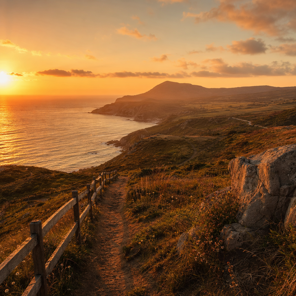 A landscape photograph bathed in golden hour light — long wa