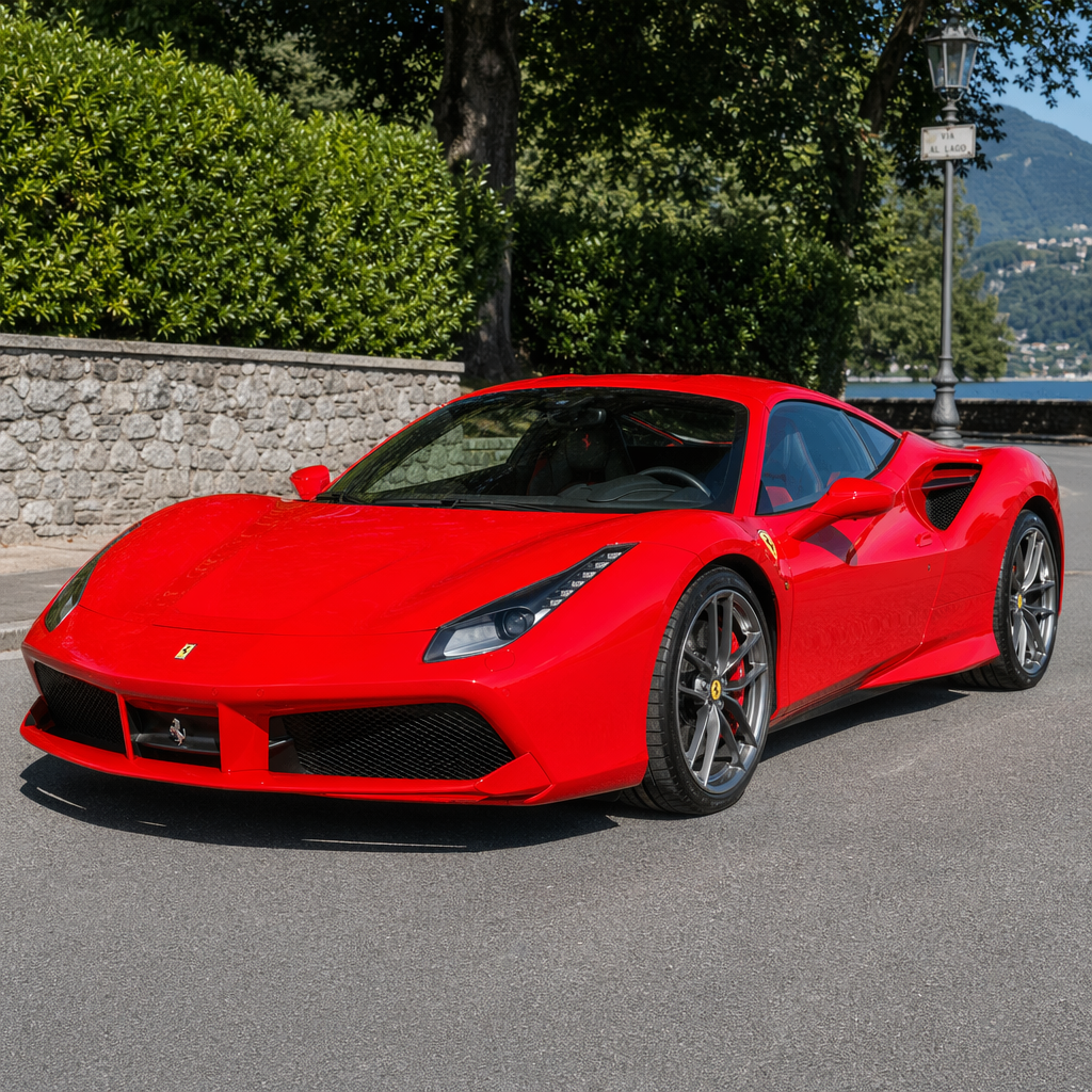 A bright red sports car parked on a gray asphalt road — the 
