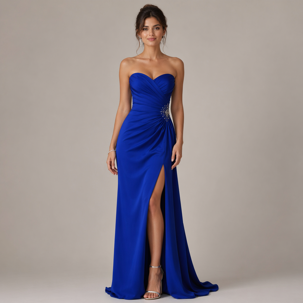 A woman wearing a royal blue evening dress against a neutral