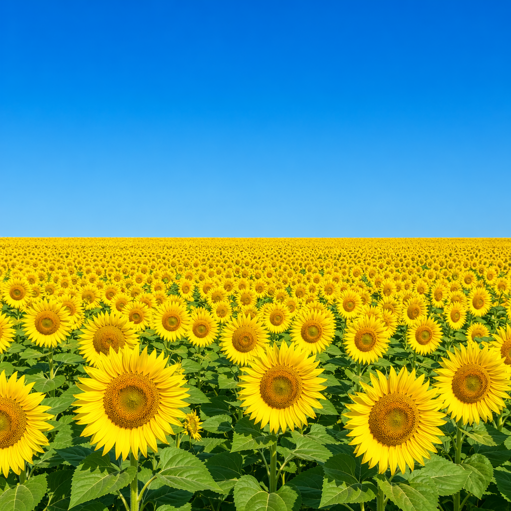 A field of pure sunflower yellow flowers under a clear blue 