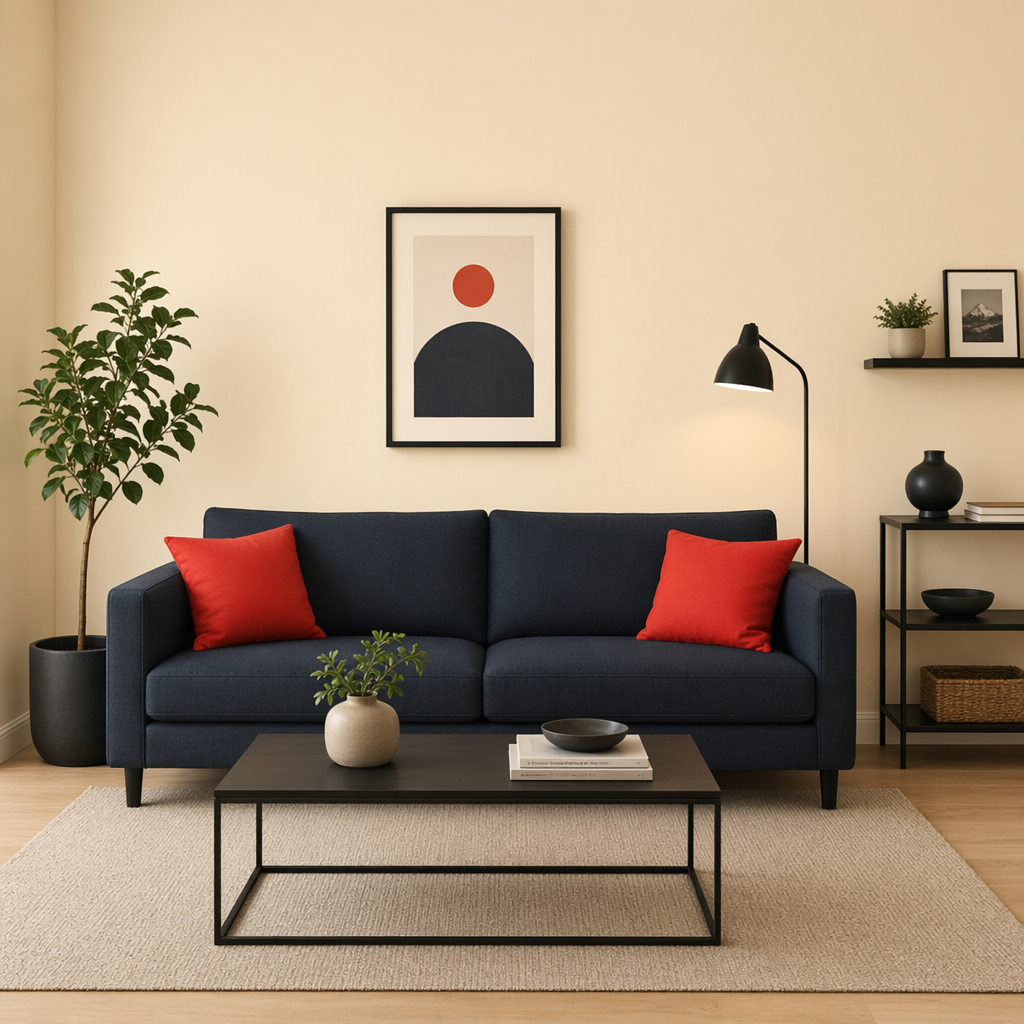 A minimalist room with walls in #F5E6CC (warm cream), a sofa