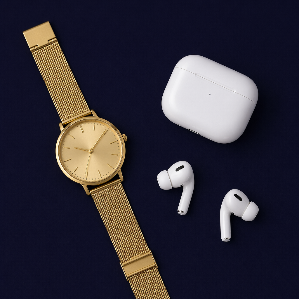 A product flat-lay on a #1A1A2E (deep dark blue) background,