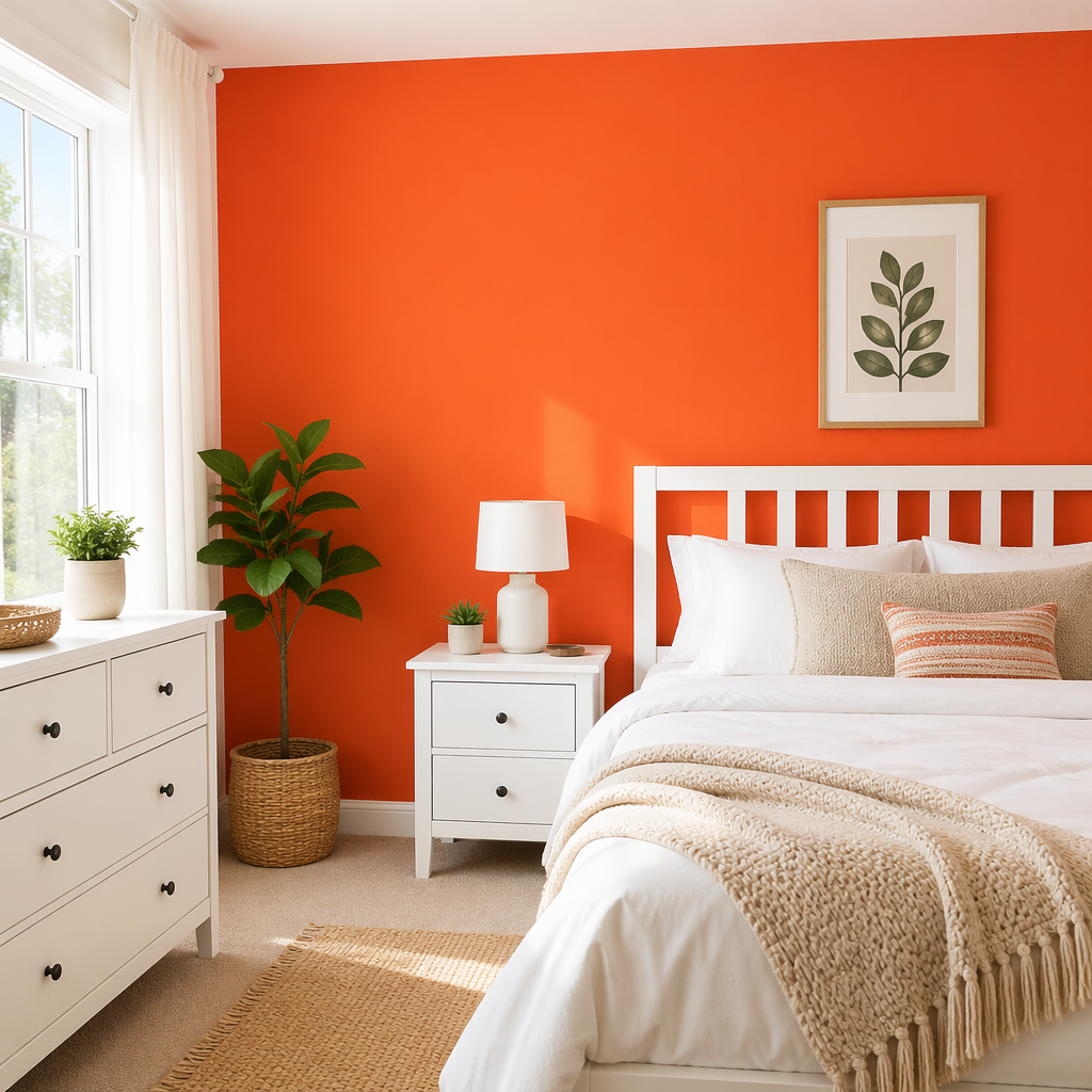 A bedroom wall painted in #FF6B35 (burnt orange) with white 