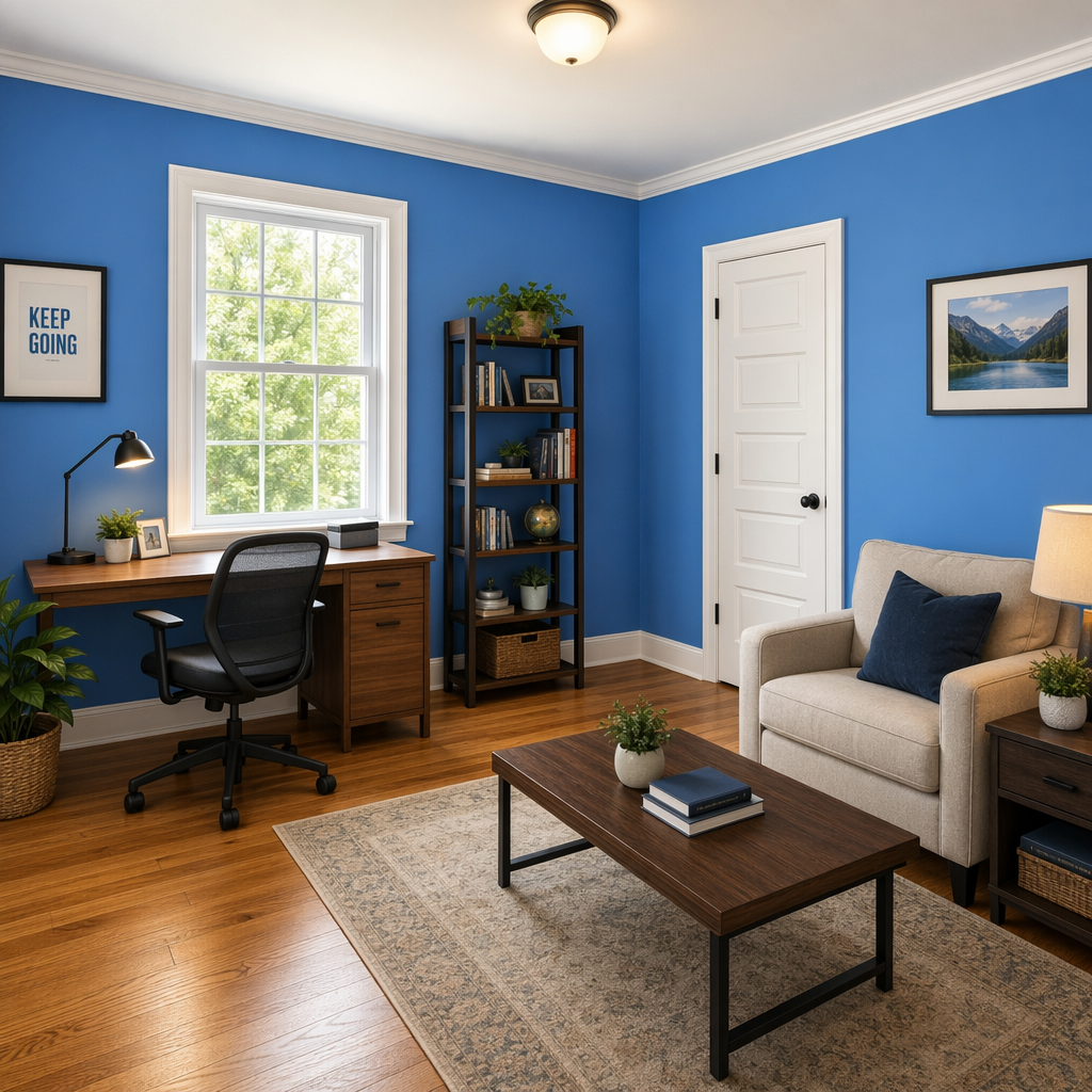 A room with walls in #4A90D9 (medium blue) with warm wooden 
