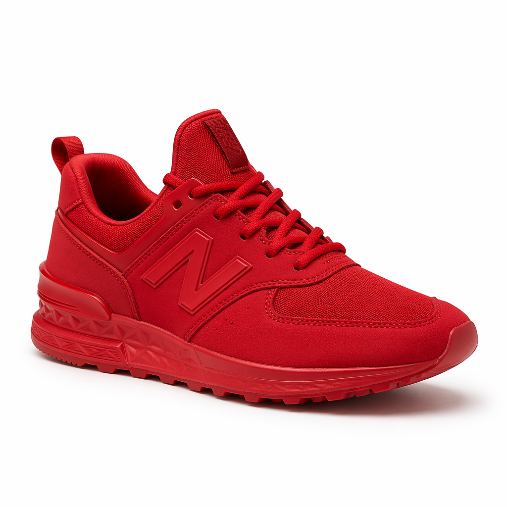 A single red sneaker on a clean white background with soft s