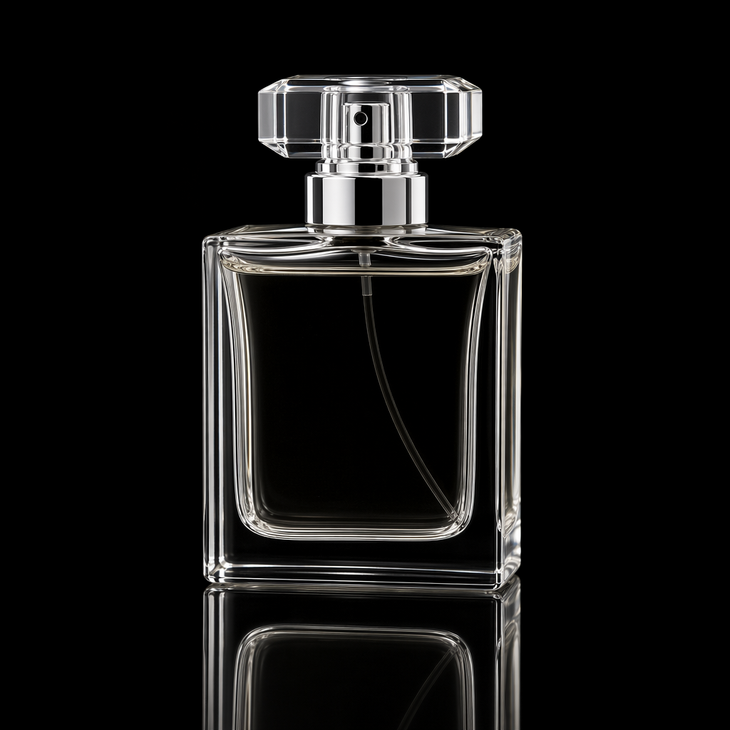 A clear glass perfume bottle on a reflective black surface w