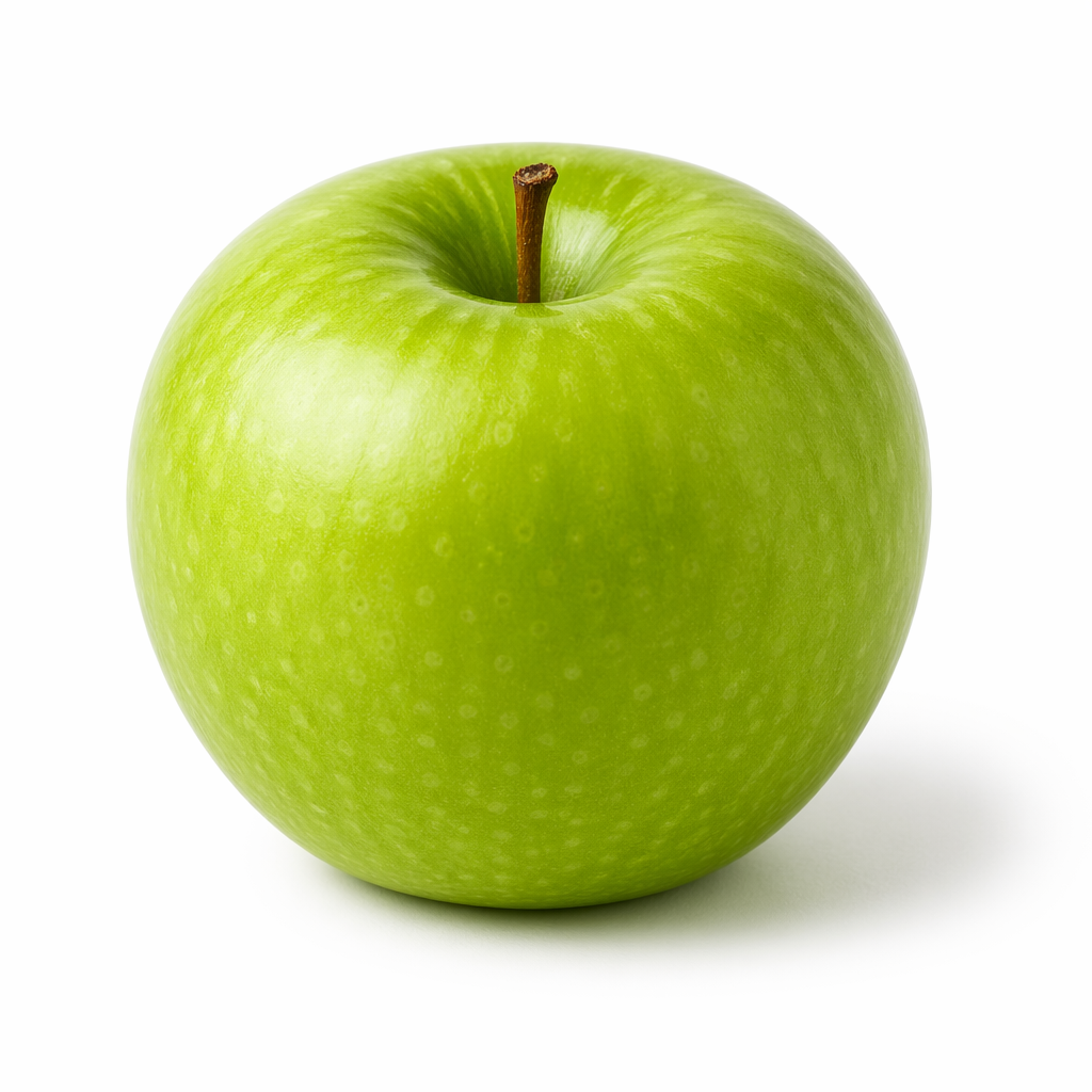 A ripe green apple on a seamless white background with soft 