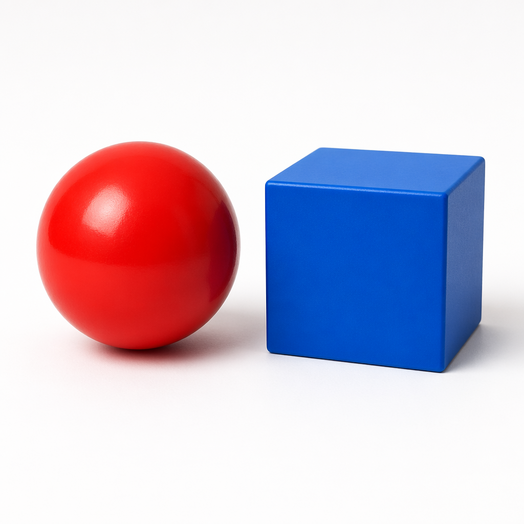 A red ball and a blue cube sitting side by side on a white s