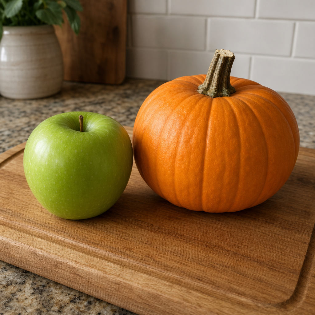A green apple and an orange pumpkin on a wooden cutting boar