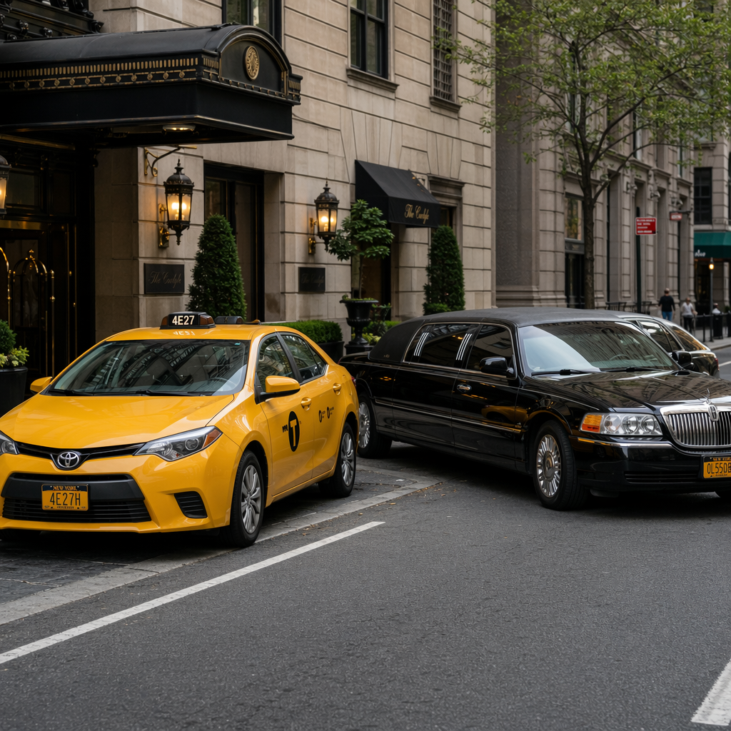 A yellow taxi and a black limousine parked next to each othe
