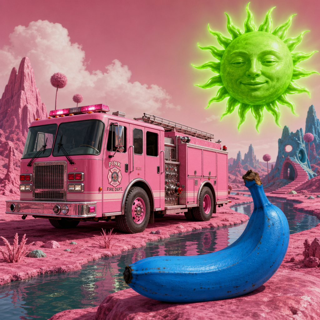 A pink fire truck, a blue banana, and a green sun in a surre