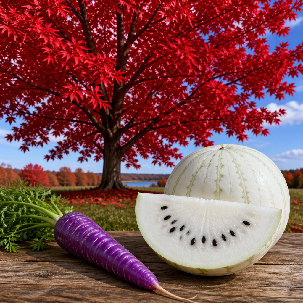 A purple carrot, a red tree with red leaves, and a white wat