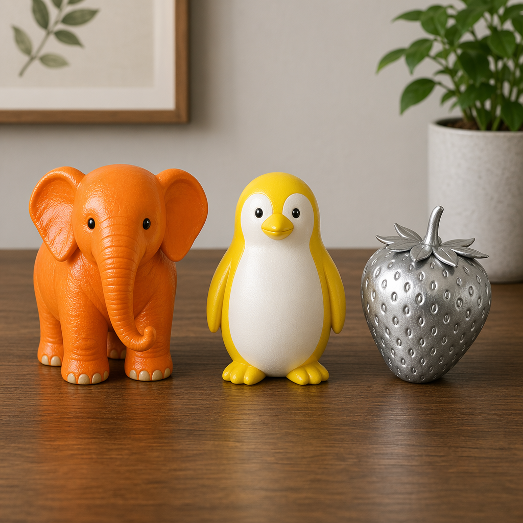 An orange elephant, a yellow penguin, and a silver strawberr