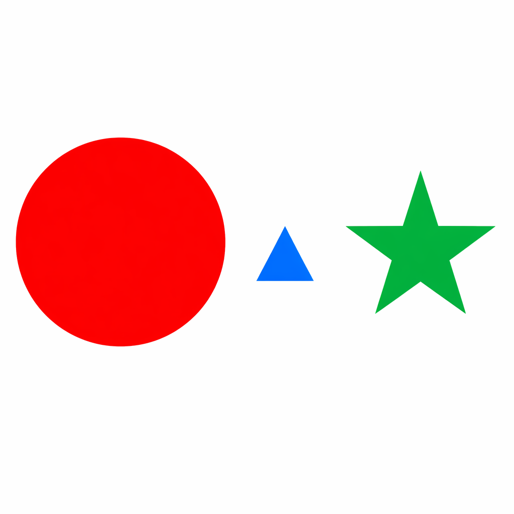A large red circle, a small blue triangle, and a medium gree